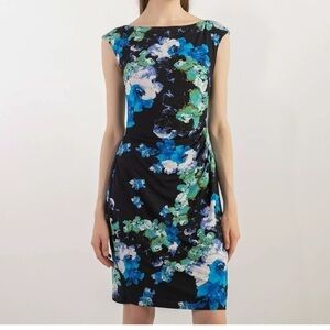LAUREN Ralph Lauren Dress Ruched Cap Sleeves Lined Black Blue Floral Stretch Sz4